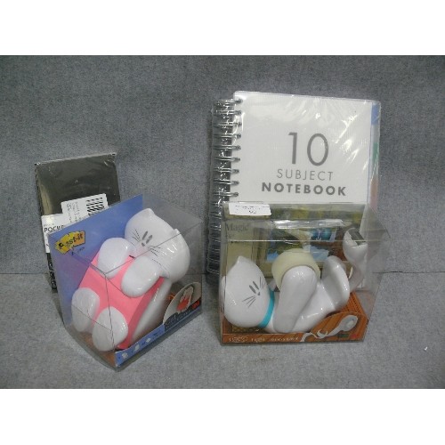 92 - CAT POST IT DISPENSER AND A CAT MAGIC TAPE DISPENSER PLUS NOTEBOOKS, ALL NEW