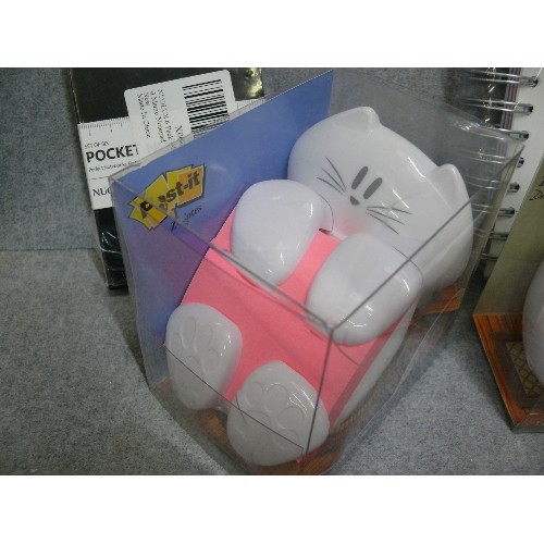 92 - CAT POST IT DISPENSER AND A CAT MAGIC TAPE DISPENSER PLUS NOTEBOOKS, ALL NEW