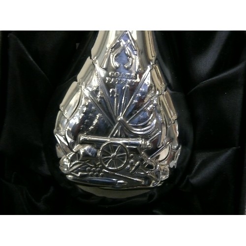 120 - A BOXED JAMES DIXON & SONS CORNISH PEWTER LARGE COLT FLASK WITH COLTS PATENT DECORATION ON BOTH SIDE... 