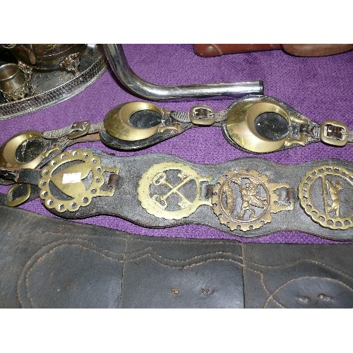 148 - A LARGE SELECTION OF VARIOUS HORSE BRASSES AND LEATHERS