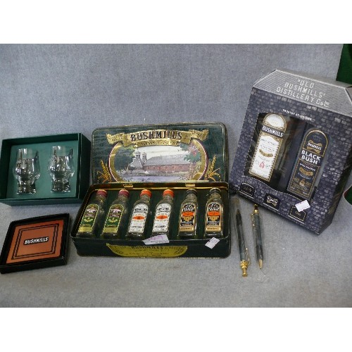 149 - A SELECTION OF BUSHMILLS WHISKY, ALL BOXED PLUS MATCHING COASTERS AND 2 GUINNESS PENS PLUS A PAIR OF... 