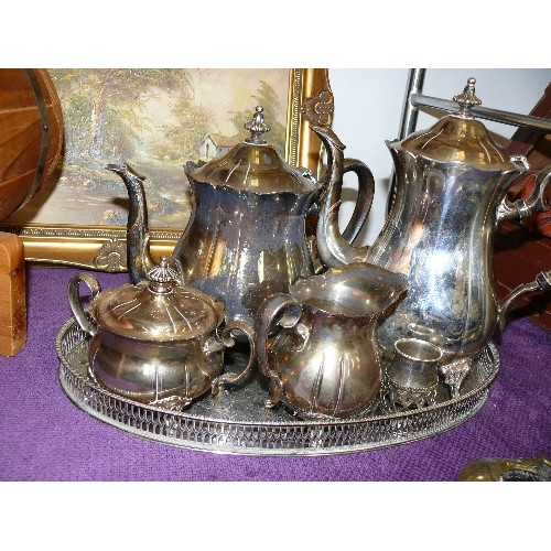 159 - A SILVER PLATE TEA AND COFFEE SET ON A TRAY PLUS A FUTHER SILVER PLATE TRAY