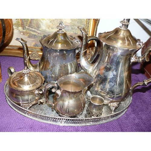 159 - A SILVER PLATE TEA AND COFFEE SET ON A TRAY PLUS A FUTHER SILVER PLATE TRAY