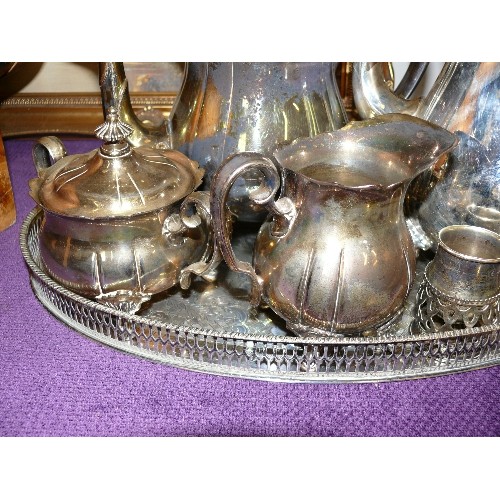 159 - A SILVER PLATE TEA AND COFFEE SET ON A TRAY PLUS A FUTHER SILVER PLATE TRAY