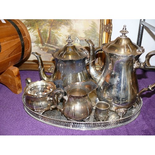 159 - A SILVER PLATE TEA AND COFFEE SET ON A TRAY PLUS A FUTHER SILVER PLATE TRAY