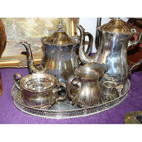 159 - A SILVER PLATE TEA AND COFFEE SET ON A TRAY PLUS A FUTHER SILVER PLATE TRAY