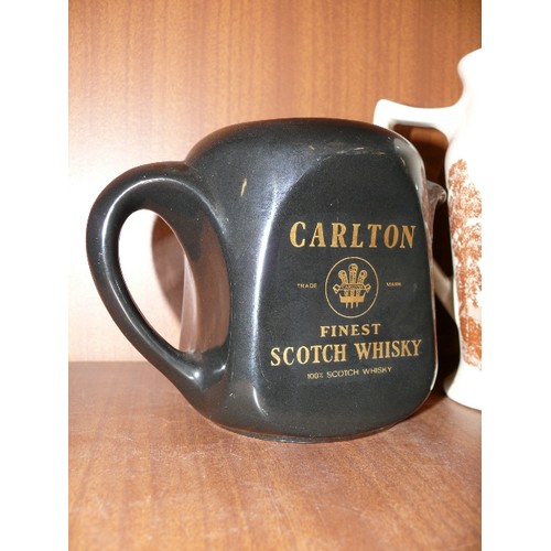 163 - A COLLECTION OF WHISKY WATER JUGS TO INCLUDE CARLTON WHISKY, TEACHERS, HAIG AND A BELLS GLASS CARAFE