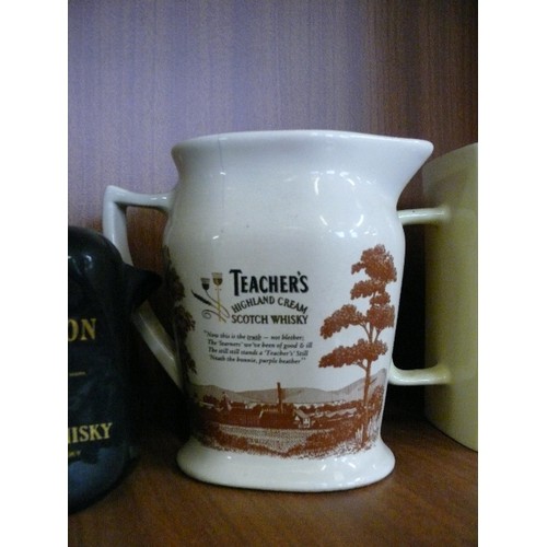 163 - A COLLECTION OF WHISKY WATER JUGS TO INCLUDE CARLTON WHISKY, TEACHERS, HAIG AND A BELLS GLASS CARAFE