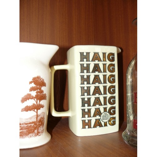 163 - A COLLECTION OF WHISKY WATER JUGS TO INCLUDE CARLTON WHISKY, TEACHERS, HAIG AND A BELLS GLASS CARAFE