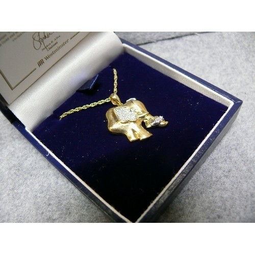 34 - A 9ct GOLD AND DIAMOND FORGET ME KNOT ELEPHANT PENDANT ON CHAIN WEIGHT 4.45gr