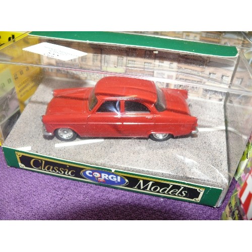 222 - 5 BOXED CORGI VEHICLE MODELS -FORD POPULAR SALOON, FORD CORTINA SALOON, JAGUAR E TYPE OPEN TOP, VW V... 