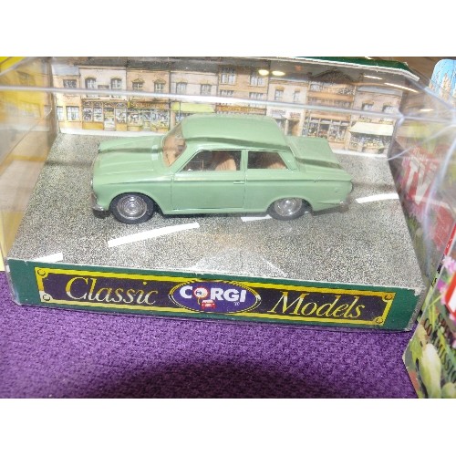 222 - 5 BOXED CORGI VEHICLE MODELS -FORD POPULAR SALOON, FORD CORTINA SALOON, JAGUAR E TYPE OPEN TOP, VW V... 