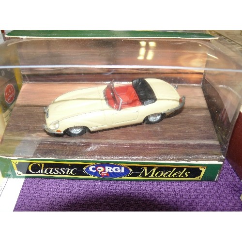 222 - 5 BOXED CORGI VEHICLE MODELS -FORD POPULAR SALOON, FORD CORTINA SALOON, JAGUAR E TYPE OPEN TOP, VW V... 