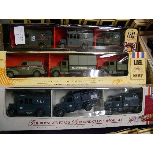 218 - THREE MILITARY VEHICLE BOX SETS, 'THE HOME FRONT COLLECTION', U.S. ARMY COLLECTION AND THE ROYAL AIR... 