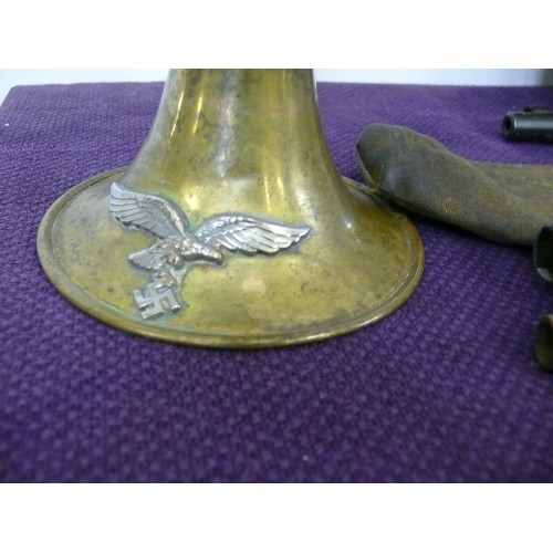 134 - A GERMAN LUFTWAFFE BRASS BUGLE WITH EAGLE AND SWASTIKA BADGE