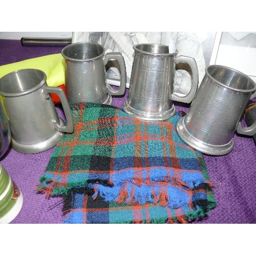 156 - A PAIR OF PEWTER TANKARDS WITH 'ONE FOR THE ROAD' GLASS BOTTOMS PLUS TWO FURTHER PEWTER TANKARDS AND... 