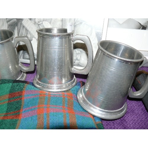 156 - A PAIR OF PEWTER TANKARDS WITH 'ONE FOR THE ROAD' GLASS BOTTOMS PLUS TWO FURTHER PEWTER TANKARDS AND... 