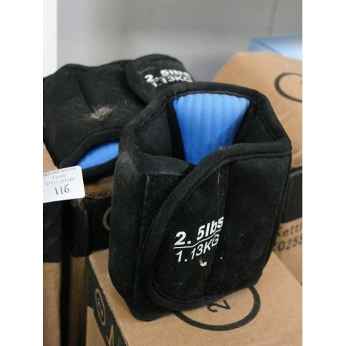 116 - 4 NEW AND BOXED VINYL KETTLE BELL WEIGHTS, 2, 4, 6 AND 8KG PLUS A PAIR OF PAIR OF 1.13KG WRIST WEIGH... 