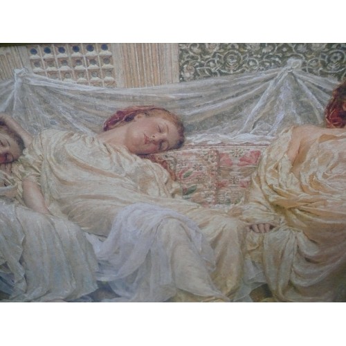 430 - A LARGE GOLD COLOUR FRAMED PRINT OF 3 ANGELS