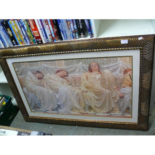 430 - A LARGE GOLD COLOUR FRAMED PRINT OF 3 ANGELS