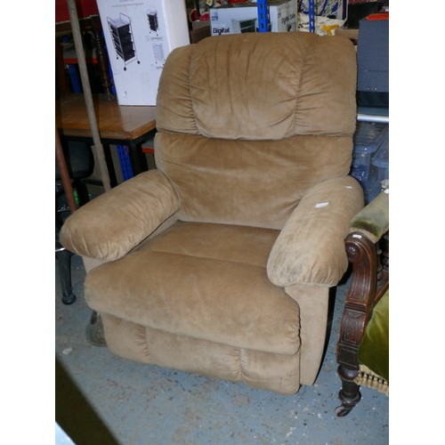 471 - ROCKING ARMCHAIR, UPHOLSTERED IN TAN FABRIC