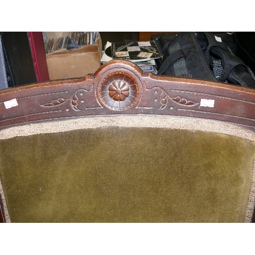 472 - HEAVILY CARVED OAK EDWARDIAN LIBRARY CHAIR, UPHOLSTERED IN OLIVE GREEN VELVET