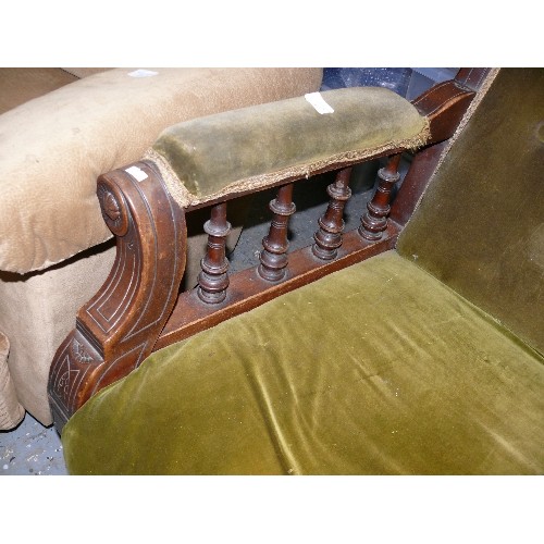 472 - HEAVILY CARVED OAK EDWARDIAN LIBRARY CHAIR, UPHOLSTERED IN OLIVE GREEN VELVET