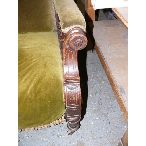 472 - HEAVILY CARVED OAK EDWARDIAN LIBRARY CHAIR, UPHOLSTERED IN OLIVE GREEN VELVET