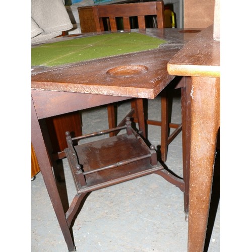 475 - EDWARDIAN ENVELOPE GAME/BRIDGE  TABLE OPENS UP TO DIAMOND SHAPE, COUNTER HOLDER DISHES.