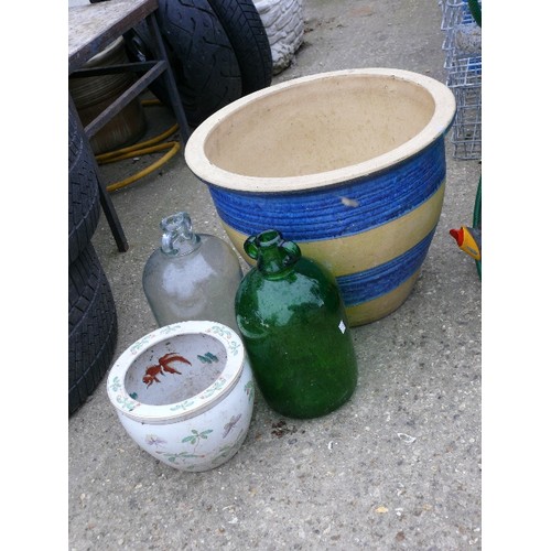 527 - VERY LARGE BLUE/CREAM BANDED GARDEN POT PLUS ONE OTHER POT AND 2 DEMI JOHNS