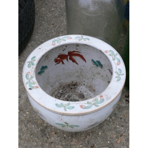 527 - VERY LARGE BLUE/CREAM BANDED GARDEN POT PLUS ONE OTHER POT AND 2 DEMI JOHNS