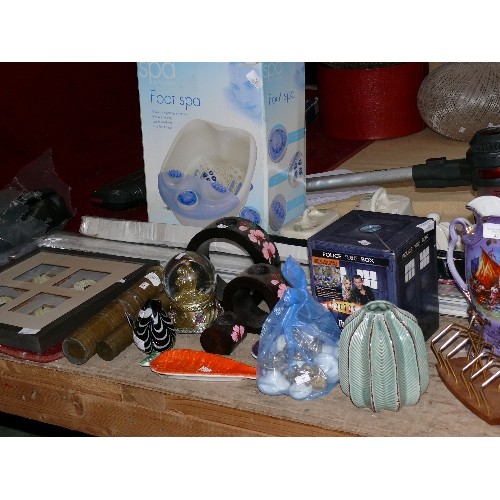 541 - MIXED ITEMS - NEW WHITE VENETIAN BLINDS, CHEESE DISH, VASES, FOOTSPA, TRENCH ART, GLASS BIRD ETC.