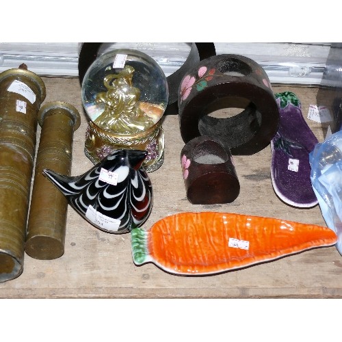 541 - MIXED ITEMS - NEW WHITE VENETIAN BLINDS, CHEESE DISH, VASES, FOOTSPA, TRENCH ART, GLASS BIRD ETC.