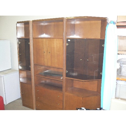 494 - DISPLAY CABINET IN 3 PIECES, THE CENTRE HAS 2 CUPBOARDS AND 3 LOWER DRAWERS, THE SIDES ARE SHAPED WI... 