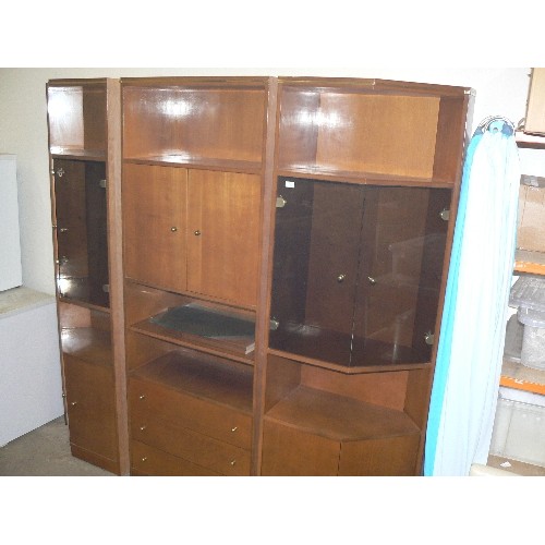 494 - DISPLAY CABINET IN 3 PIECES, THE CENTRE HAS 2 CUPBOARDS AND 3 LOWER DRAWERS, THE SIDES ARE SHAPED WI... 