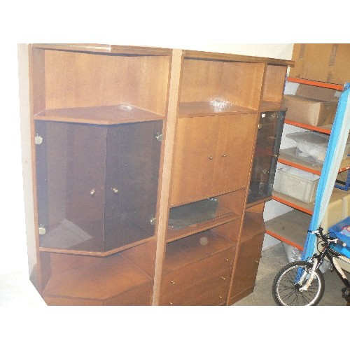 494 - DISPLAY CABINET IN 3 PIECES, THE CENTRE HAS 2 CUPBOARDS AND 3 LOWER DRAWERS, THE SIDES ARE SHAPED WI... 