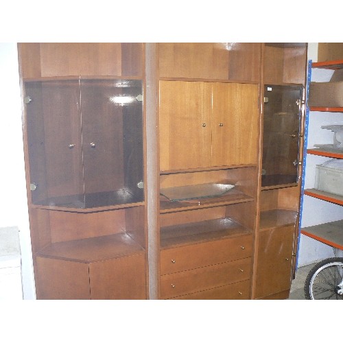 494 - DISPLAY CABINET IN 3 PIECES, THE CENTRE HAS 2 CUPBOARDS AND 3 LOWER DRAWERS, THE SIDES ARE SHAPED WI... 