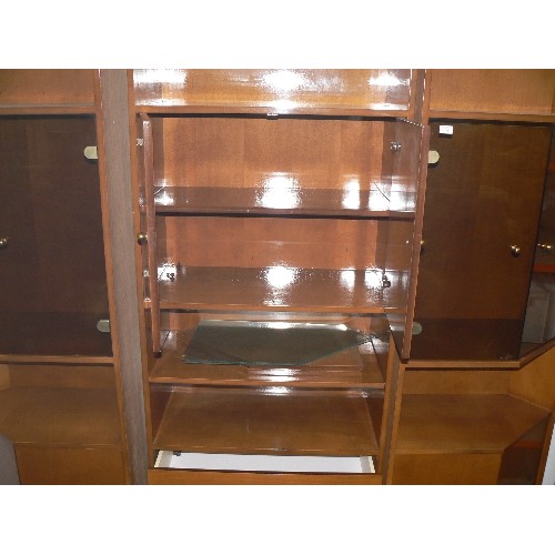 494 - DISPLAY CABINET IN 3 PIECES, THE CENTRE HAS 2 CUPBOARDS AND 3 LOWER DRAWERS, THE SIDES ARE SHAPED WI... 