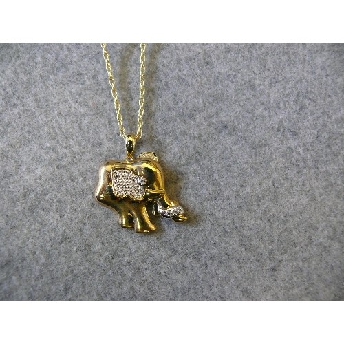 34 - A 9ct GOLD AND DIAMOND FORGET ME KNOT ELEPHANT PENDANT ON CHAIN WEIGHT 4.45gr