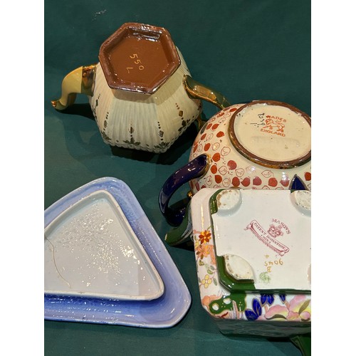 92 - 3 VICTORIAN  EDWARDIAN TEAPOTS AND A FLOW BLUE CHEESE DISH. INCLUDES A RARE MASONS ANGULAR TEAPOT, G... 