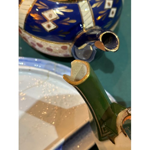 92 - 3 VICTORIAN  EDWARDIAN TEAPOTS AND A FLOW BLUE CHEESE DISH. INCLUDES A RARE MASONS ANGULAR TEAPOT, G... 