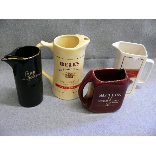 86 - 4 WHISKY ADVERTISING WATER JUGS FEATURING LONG JOHN, JOHNNIE WALKER, BELL'S AND SALTYRE