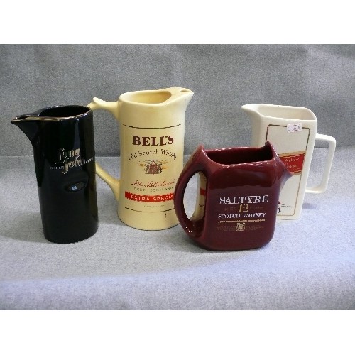 86 - 4 WHISKY ADVERTISING WATER JUGS FEATURING LONG JOHN, JOHNNIE WALKER, BELL'S AND SALTYRE