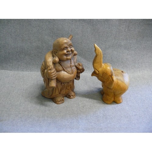 89 - A CARVED WOODEN BUDDHA FIGURE AND A CARVED WOODEN ELEPHANT