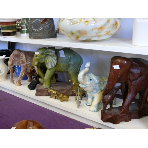 110 - A NICE SELECTION OF ELEPHANT ORNAMENTS TO INCLUDE CERAMIC, BRASS AND CARVED WOOD