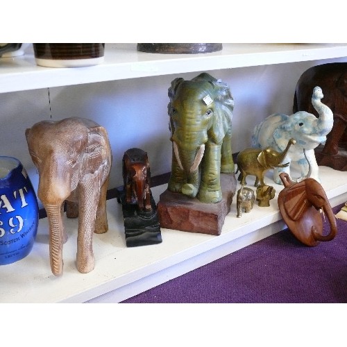 110 - A NICE SELECTION OF ELEPHANT ORNAMENTS TO INCLUDE CERAMIC, BRASS AND CARVED WOOD