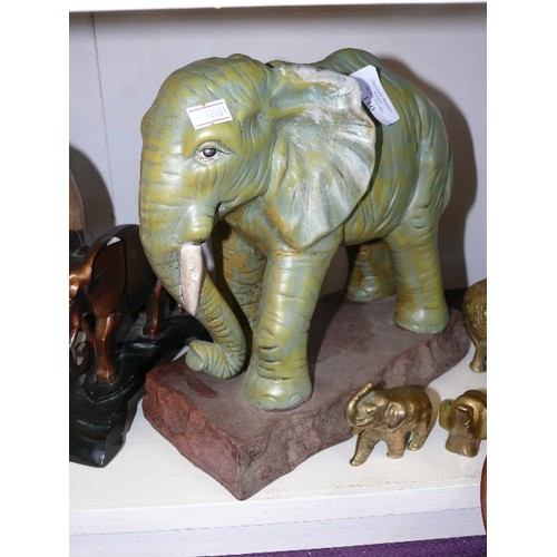 110 - A NICE SELECTION OF ELEPHANT ORNAMENTS TO INCLUDE CERAMIC, BRASS AND CARVED WOOD