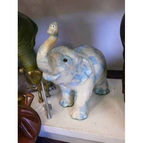 110 - A NICE SELECTION OF ELEPHANT ORNAMENTS TO INCLUDE CERAMIC, BRASS AND CARVED WOOD