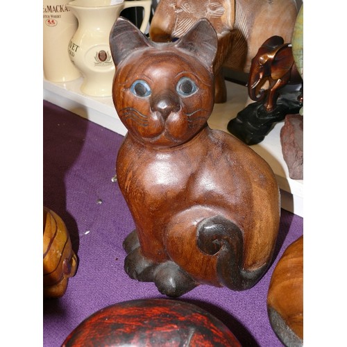 114 - A  LARGE SELECTION OF VERY NICE, DECORATIVE WOOD AND CERAMIC CAT ORNAMENTS