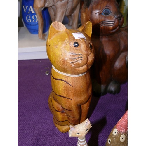 114 - A  LARGE SELECTION OF VERY NICE, DECORATIVE WOOD AND CERAMIC CAT ORNAMENTS